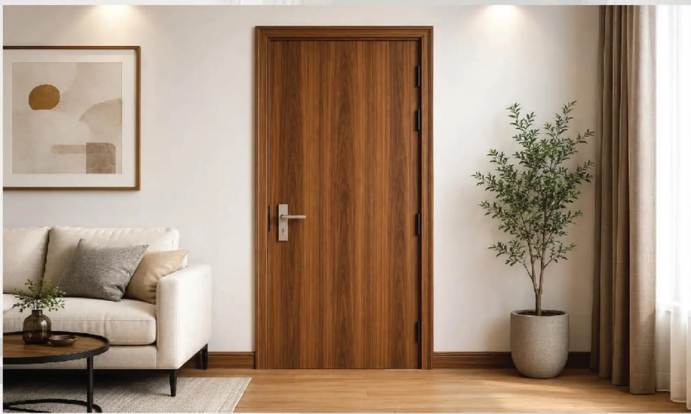 Cửa phẳng vân gỗ màu nâu trong không gian phòng khách